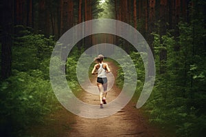 Girl running forest way. Generate Ai