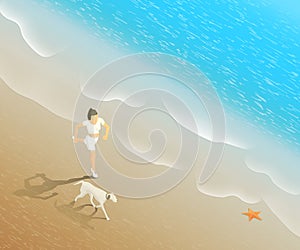 Girl running with her dog along the see in the morning. Fitness concept vector isometric illustration. Healthy way of life