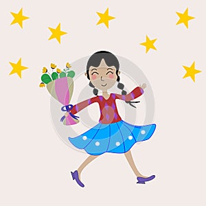 The girl running with joy  In the hand holding a bouquet of flowers  Surrounded by stars