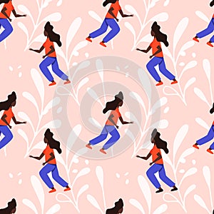 Girl running vector flat seamless pattern. Sport, active recreation, healthy lifestyle, pilates, fitness, meditation background