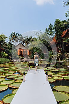 Girl runs on a bridge to a lake from water lilies in a garden