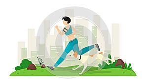 Girl runs with a dog in the park. Sports running with a pet. Vector illustration in cartoon flat style. Smartphone, health, app.