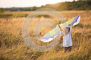A girl runs into a field with a kite, learns to launch it. Outdoor entertainment in summer, nature and fresh air. Childhood,
