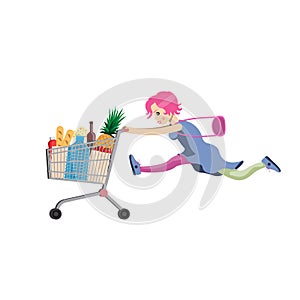 The girl runs with a grocery cart and a bag. Cartoon humor style. Vector illustration