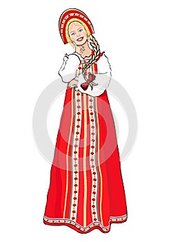 Girl in Russian national costume standing front side, vector drawing cartoon portrait. Woman full-length in a red russian folk dre