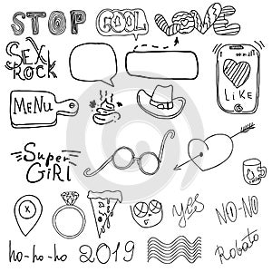 Girl`s accessories. Girl signs and symbols. Hand drawn doodle vector set for girls. Modern princess icons. Girlish set. Isolated