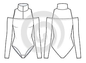 Girl\'s cutouts Bodysuit fashion flat technical drawing template. Long Sleeve zipper up Bodysuit fashion Cad.