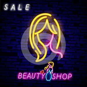 Girl`s face in the neon style Sign for women`s hall. Female silhouette neon light icon. Ladies WC door glowing sign