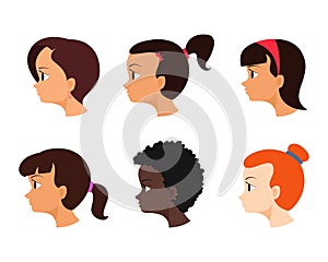 Girl`s face in profile. Teenager avatar set. Collection of child