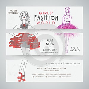 Girls fashion world website header or banner set.