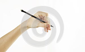 Girl`s hand writes in empty space isolated on background