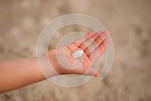 Girl& x27;s hands hold a seashell on the beach close-up