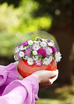 Girl's hands holding handmade pumpkin vase with beautiful bouquet of colorful aster flowers init.