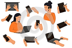 The girl\'s hands use technology, use the phone, use the tablet, use the laptop, the girl is talking on the phone