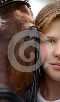 Girl`s And Horse`s Eyes close-up portrait fragment