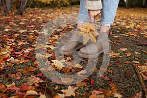 The girl`s legs are close-up on the ground covered with maple fallen leaves. selectiv focus