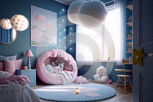 Girl\'s room. Child\'s room. Child bedroom. Kids toys. Real estate. Renovation company. Home staging. Daylight.