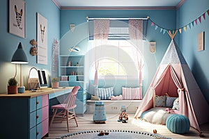 Girl\'s room. Child\'s room. Child bedroom. Kids toys. Real estate. Renovation company. Home staging. Daylight. Blue walls.