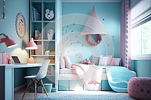 Girl\'s room. Child\'s room. Child bedroom. Kids toys. Real estate. Renovation company. Home staging. Daylight. Blue walls. Colorf