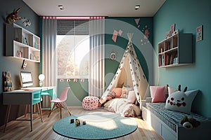 Girl\'s room. Child\'s room. Child bedroom. Kids toys. Real estate. Renovation company. Home staging. Daylight. Green walls.