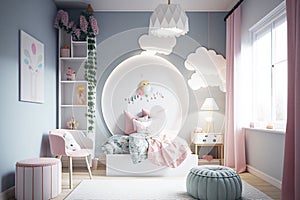 Girl\'s room. Child\'s room. Child bedroom. Kids toys. Real estate. Renovation company. Home staging. Daylight. Grey walls.