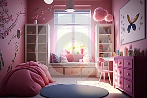 Girl\'s room. Child\'s room. Child bedroom. Kids toys. Real estate. Renovation company. Home staging. Daylight. Pink walls.