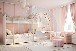 A girl's room in muted pink tones. A white loft bed, luxurious pink seating