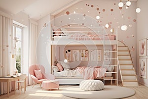 A girl's room in muted pink tones. A white loft bed, luxurious pink seating create a whimsical space