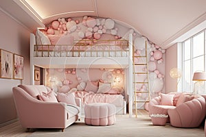 A girl's room in muted pink tones. A white loft bed, luxurious pink seating create a whimsical space