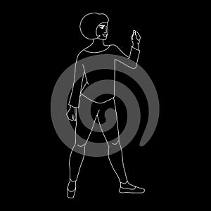 Girl`s silhouette isolated on black. Standing woman with stylish short hair raised her arm. White outline style. Vector