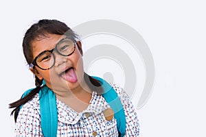 Girl`s smile and funny face and Get ready to bag go to school an