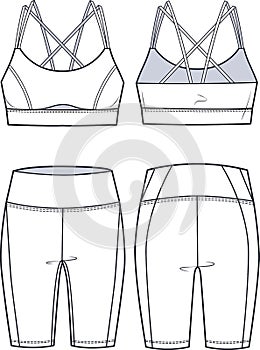 Girl`s sports strappy Bra and Cycling shorts fashion flat technical sketch template. photo