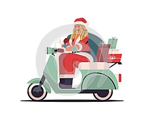 Girl in santa claus costume delivering gifts on scooter merry christmas happy new year holiday celebration concept