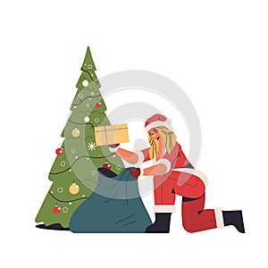 Girl in santa claus costume packing gifts in sack happy new year merry christmas holiday celebration concept