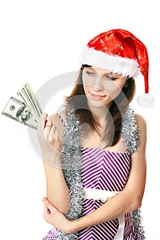 Girl Santa Claus look at money