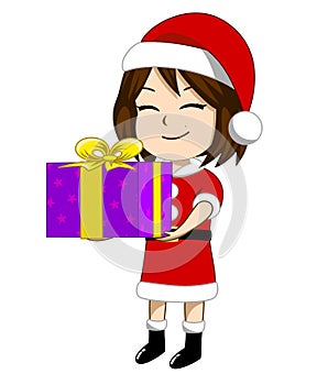 The girl in the Santa Claus outfit is giving a gift box wrapped in purple paper with a star pattern. And tied with a beautiful yel