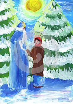 Girl and Santa Claus in the winter forest. Illustration for the folk tale `Morozko.` Children`s drawing