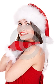 Girl in santa hat with big gift box.