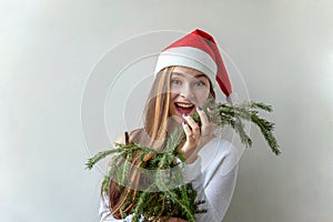 Girl in Santa hat with christmas green fir branches