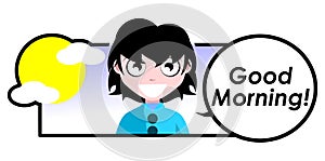 Girl saying Good morning, greeting, sticker, english, colors, isolated.