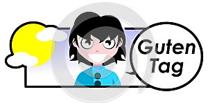 Girl saying Good morning, greeting, sticker, german, colors, isolated.