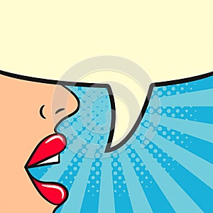 Girl says - female lips and blank speech bubble. Woman speak. Comic illustration in pop art retro style. Vector illustration. photo