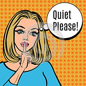 Girl says Quiet Please! Vector retro woman with silence sign photo