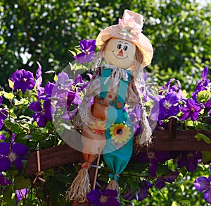 Girl scarecrows between flowers