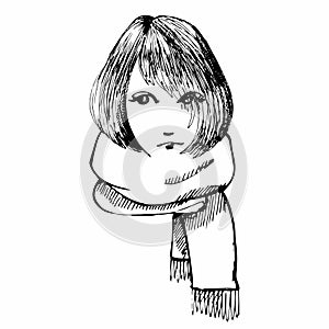 Girl with scarf. Hand drawing.