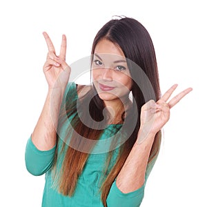 Girl with scars from self-harm making victory sign photo
