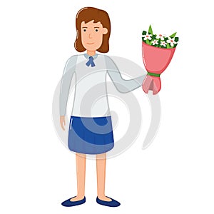 Girl school child character hand hold bouquet flower, concept gift floret in decorative bundle flat icon vector illustration,
