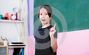Girl in school classroom. School project. Learn language. Creative student. Educative activity. Small child study in photo