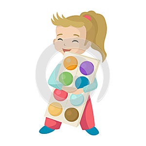 The girl the schoolgirl holds paints hands, water color for a creative hobby. Vector character