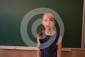 Girl schoolgirl posing against the backdrop of a school board